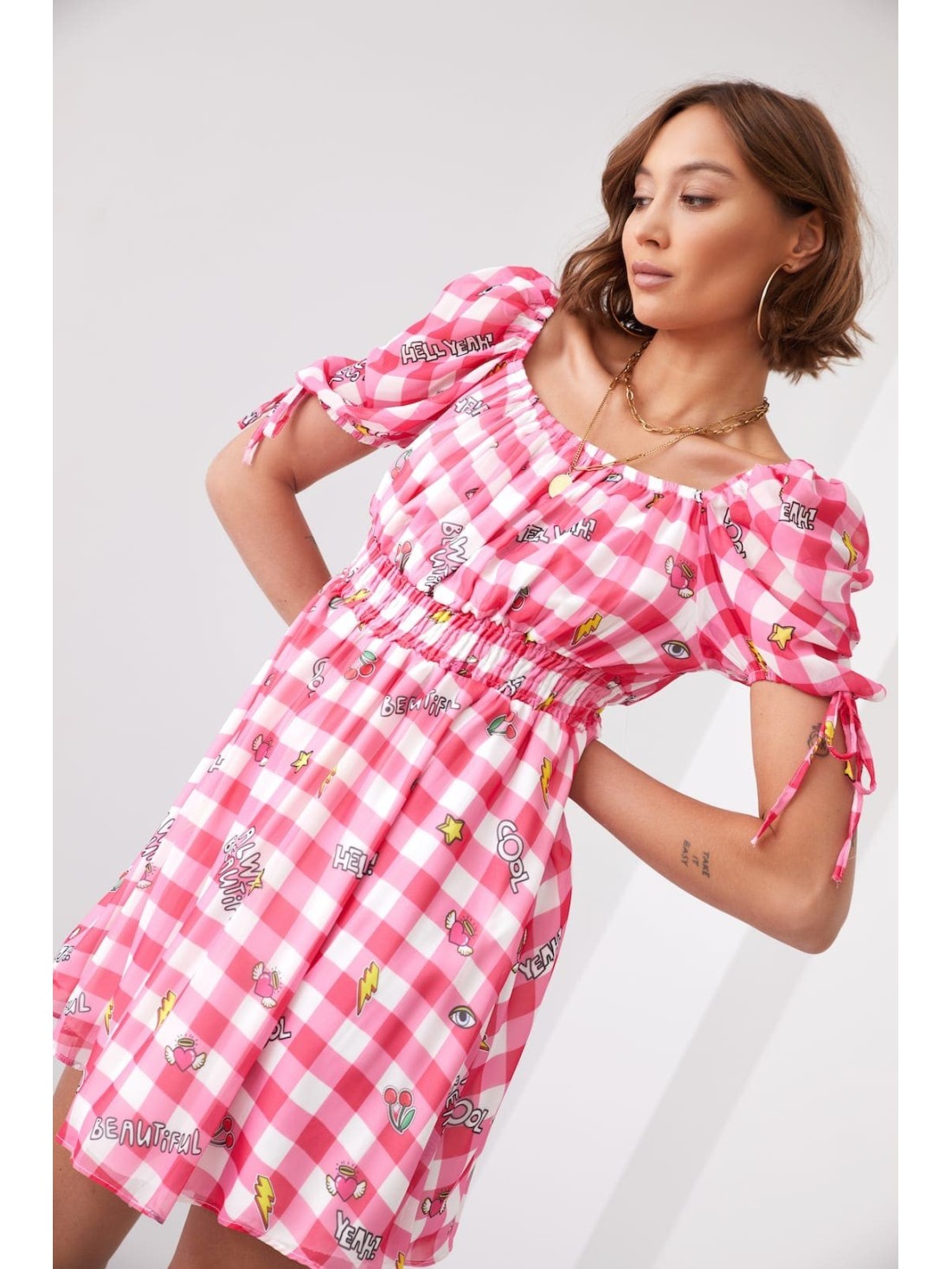 Lovely checkered dress with patterns, pink 30380 - Online store - Boutique